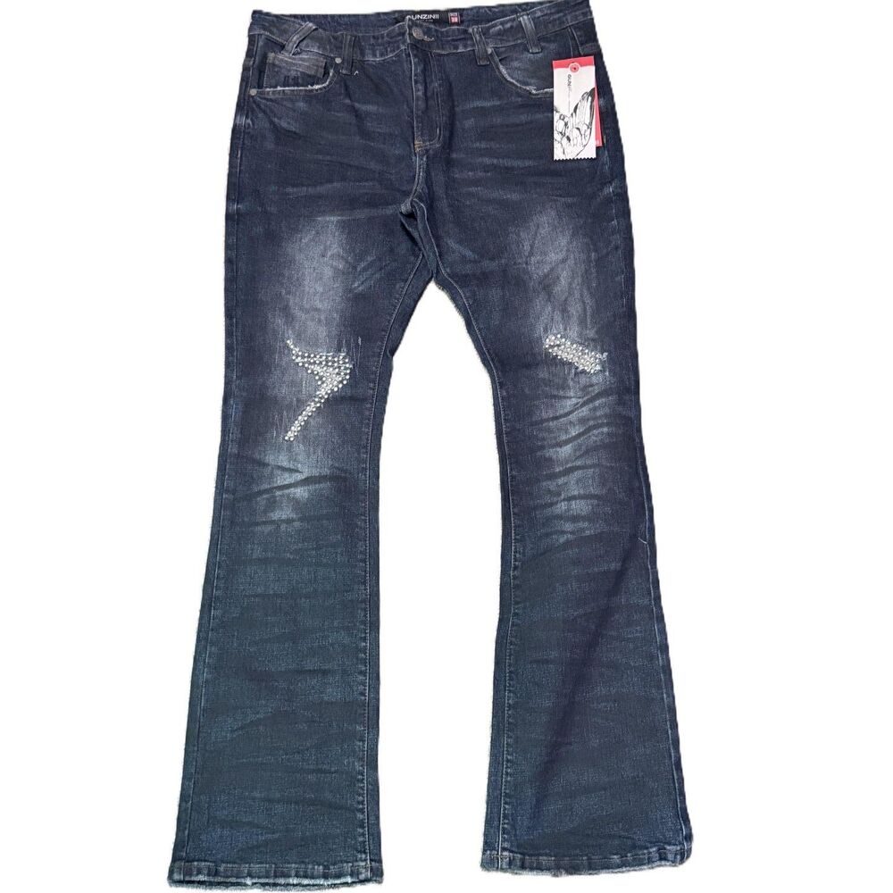 Gunzinii Denim Co Jeans Mens 38 Dirty Blue Distressed Rhinestone Wing GZ780 NWT